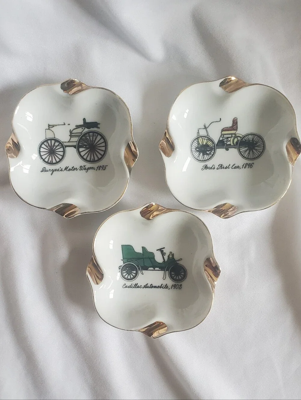 Wisconsin Porcelain Vtg Trinket Dish Trio Antique Car Motifs, 1895, 1896 & 1903